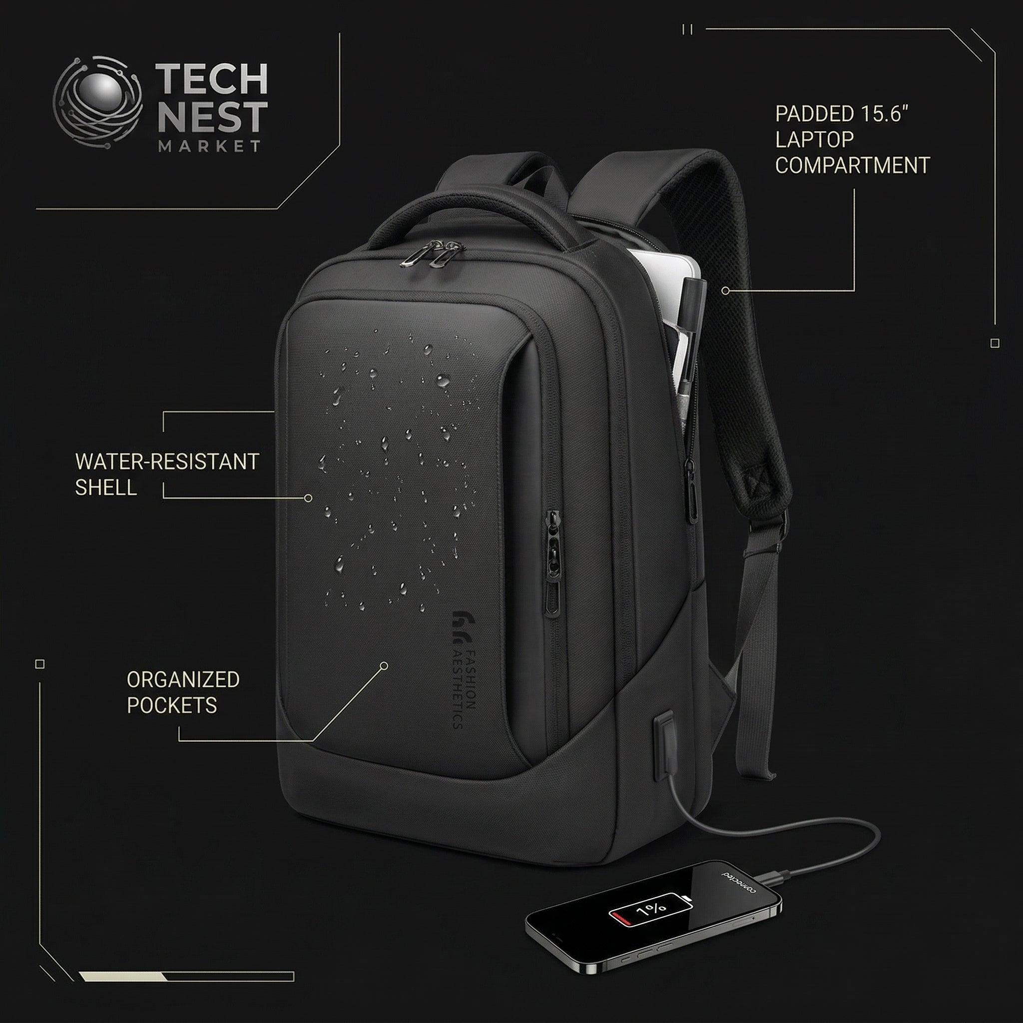 Laptop Backpack with USB Charging Port WaterResistant for 15.6 Inch Computer Bag Durable HighTech Daypack Casual Backpac