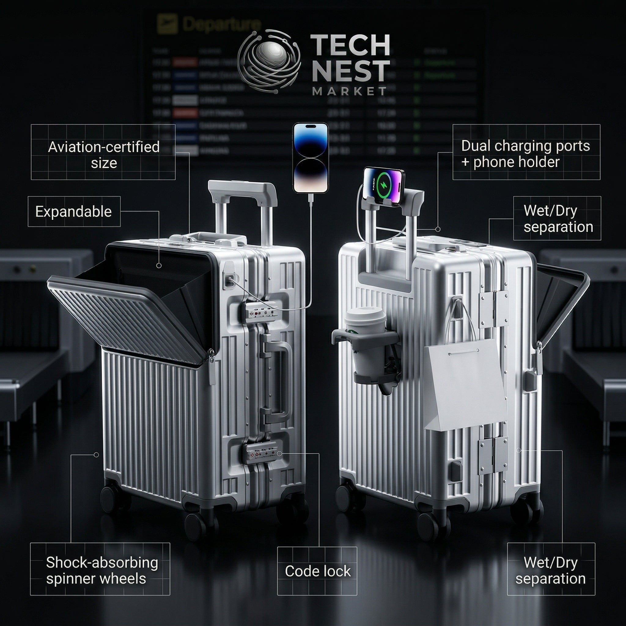 CarryOn Luggage, Aviation Certified, Polycarbonate Aluminum Hardshell, Expandable  with Spinner Wheels,