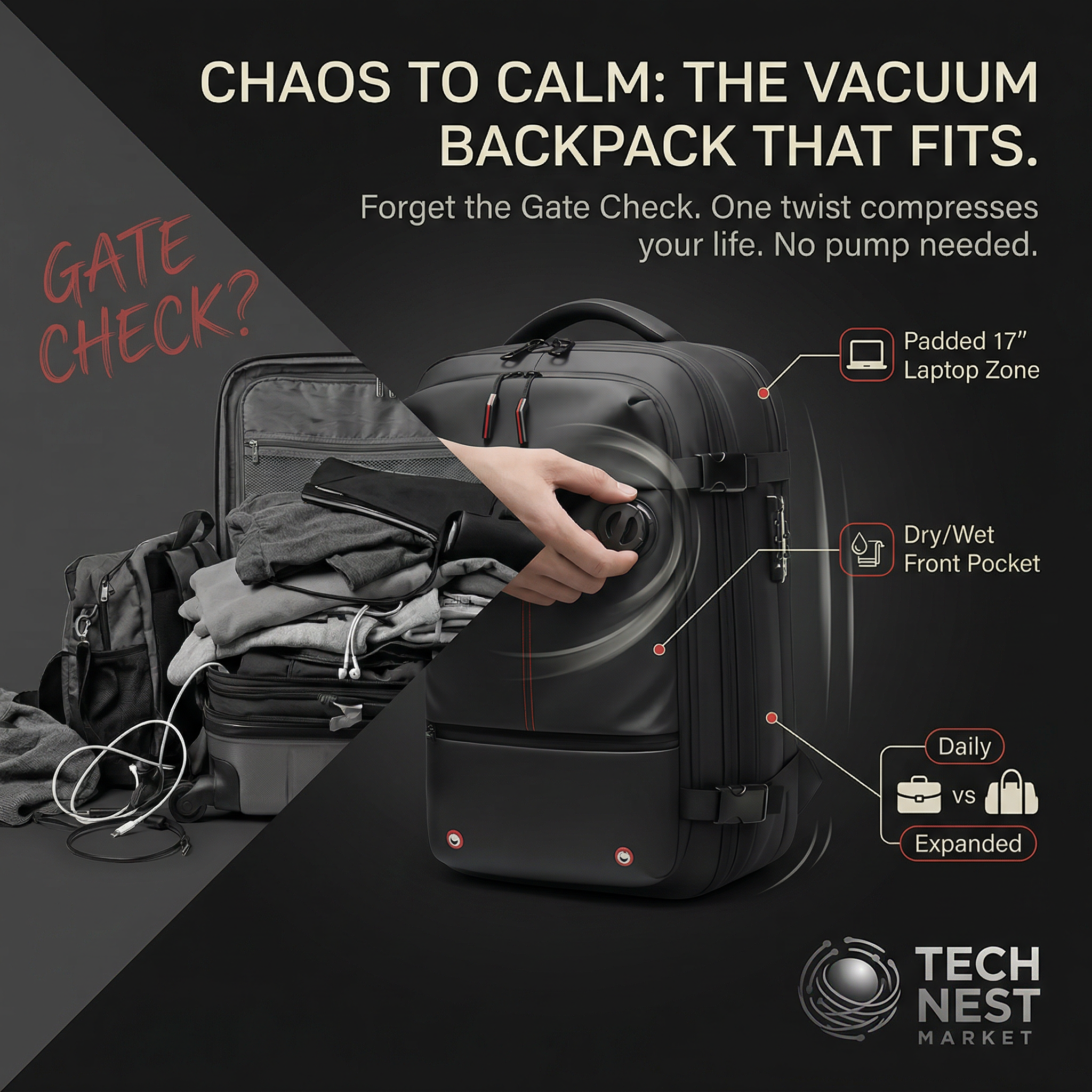 Travel Backpack Vacuum Compression 16 inch Laptop,  Large Capacity,  School Backpack,  Expanded
