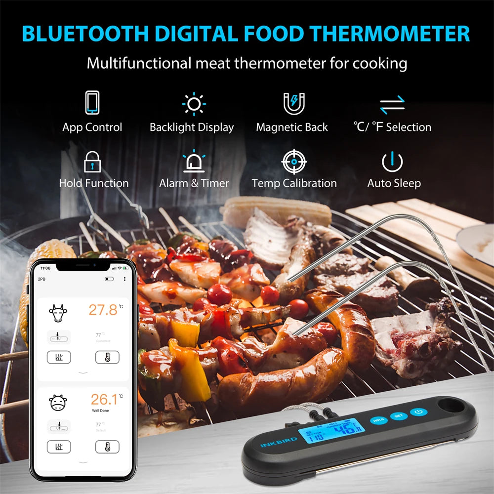 Digital Meat Thermometer With 2 External Probes, Backlight Display 2 Sec Instant Readout Bluetooth Rechargeable