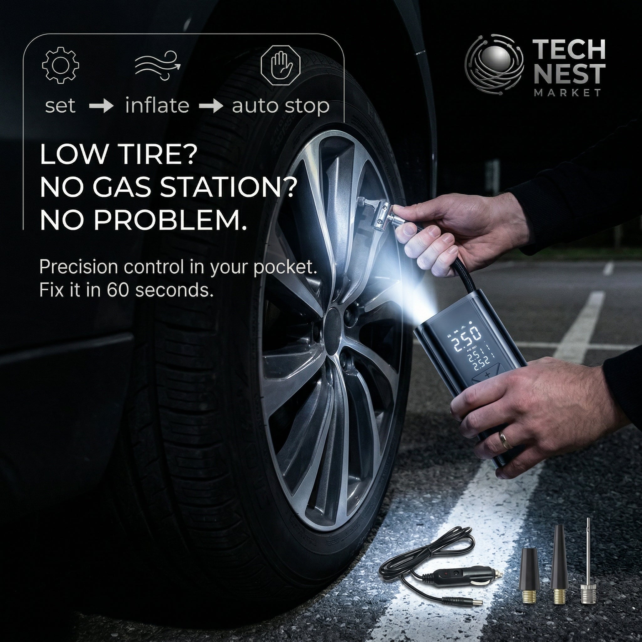 Portable Air Pump, LED Display, Wireless for Vehicle, Motorcycle,  Balls