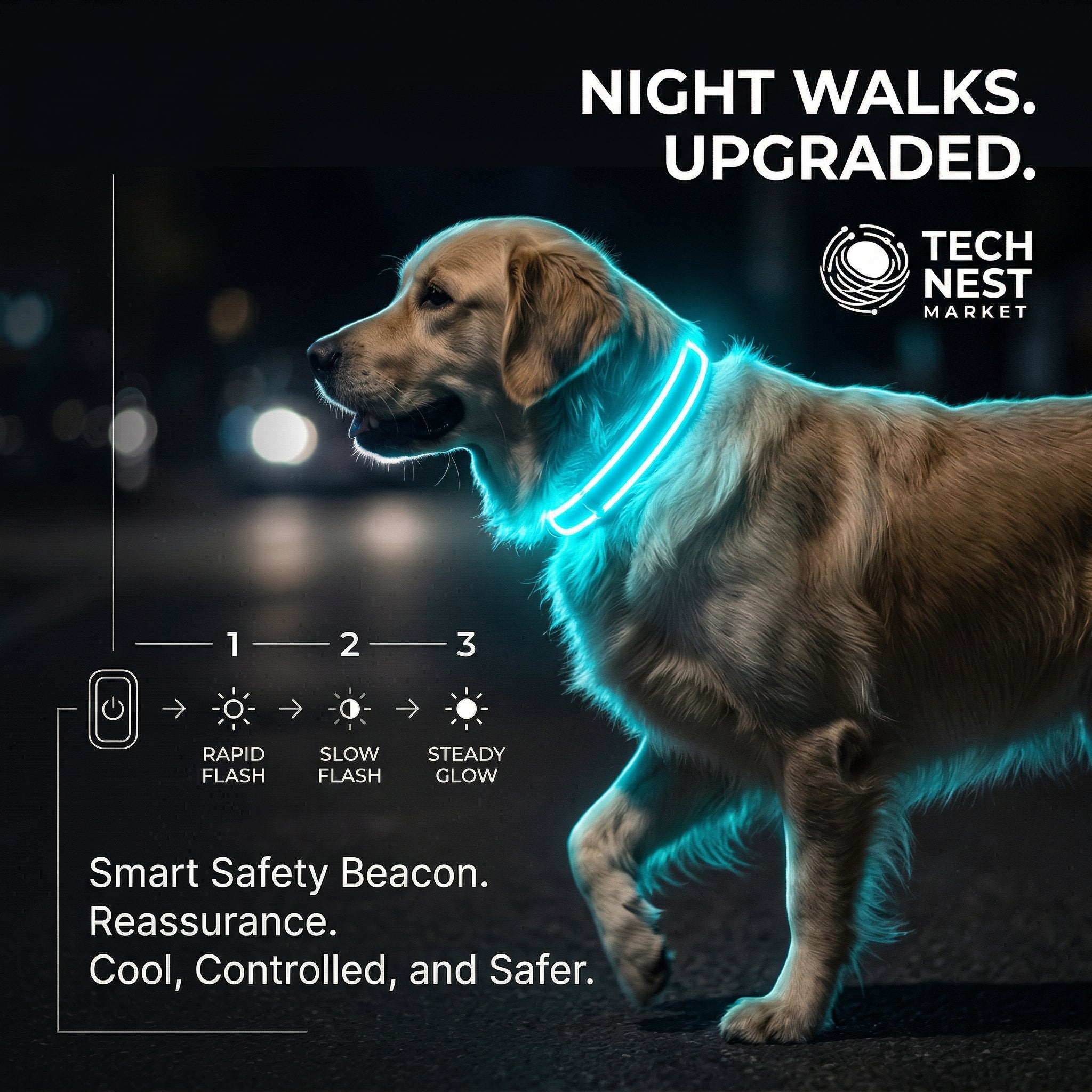 Safe Reflective LED Pet Collar, Glowing for Night Walkig.