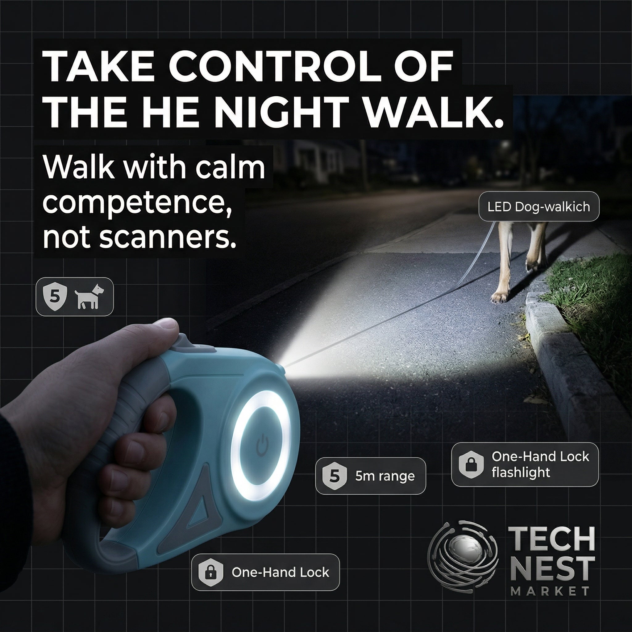 5M Automatic Retractable Dog Leash with Led Flashlight
