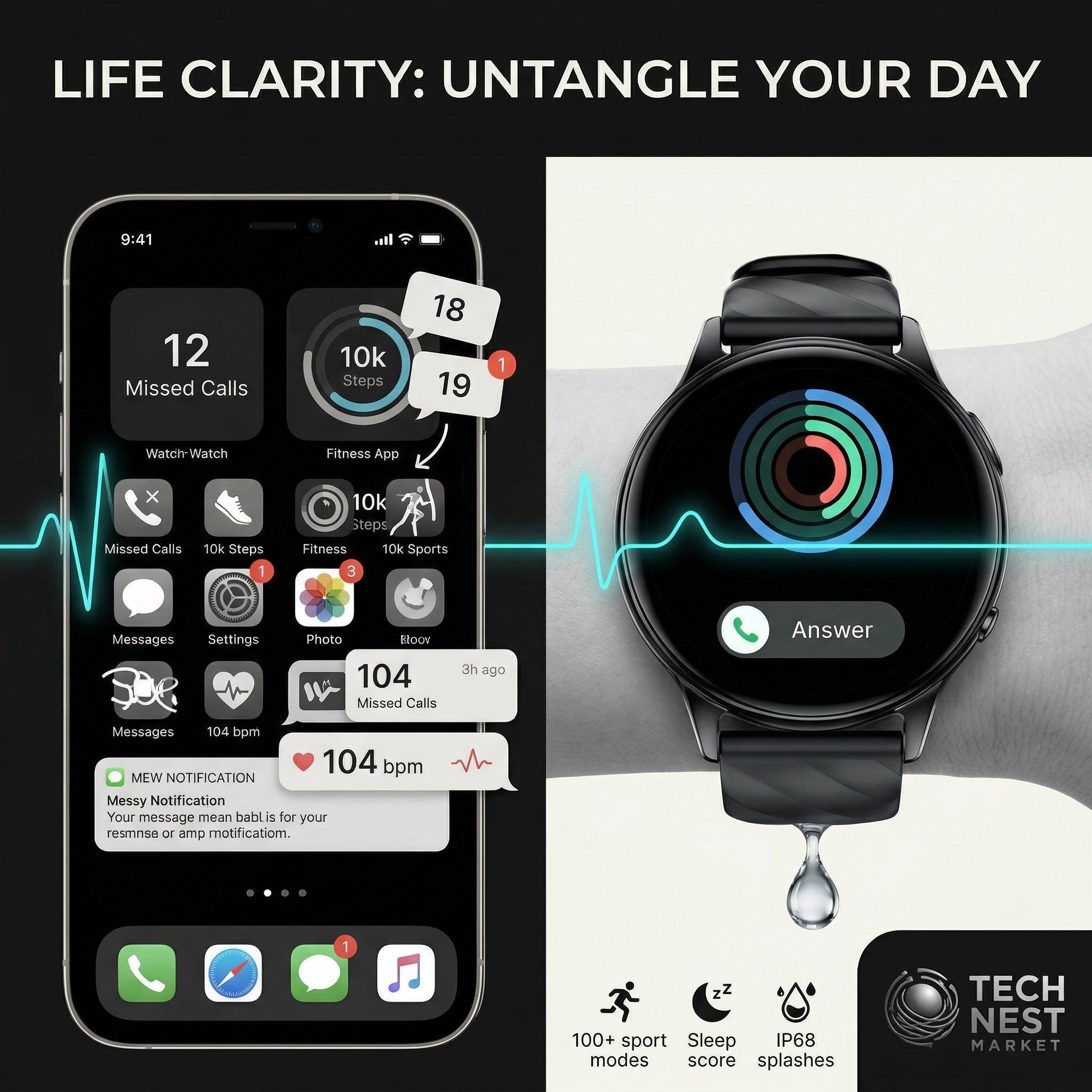 Smartwatch liveness detection IP68 Waterproof Bluetooth Call 100+ Sport modes Health Sleep minitor