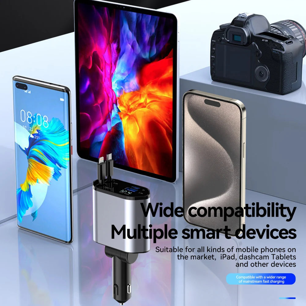 4 in 1 Car Fast Charger Retractable  Cable For IOS / Android