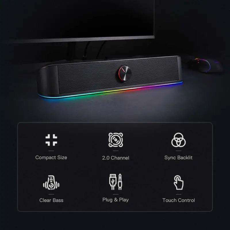 Desktop Soundbar, 2.0 Channel Computer Speaker with Dynamic Lighting Bar Audio-Light Sync/Display
