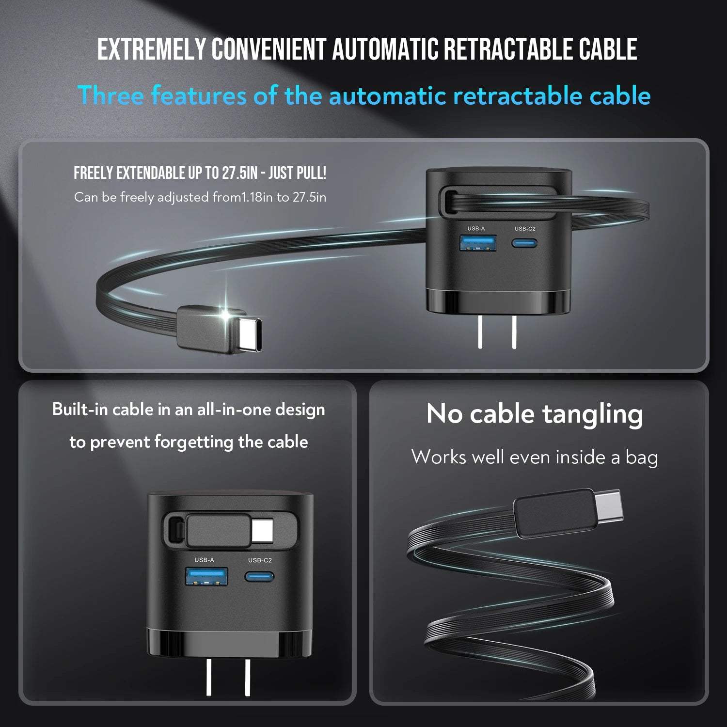 Quick Charging Block with Retractable Cable,  for IOS / Android, foldable plug