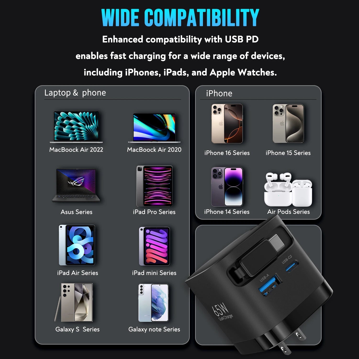 Quick Charging Block with Retractable Cable,  for IOS / Android, foldable plug