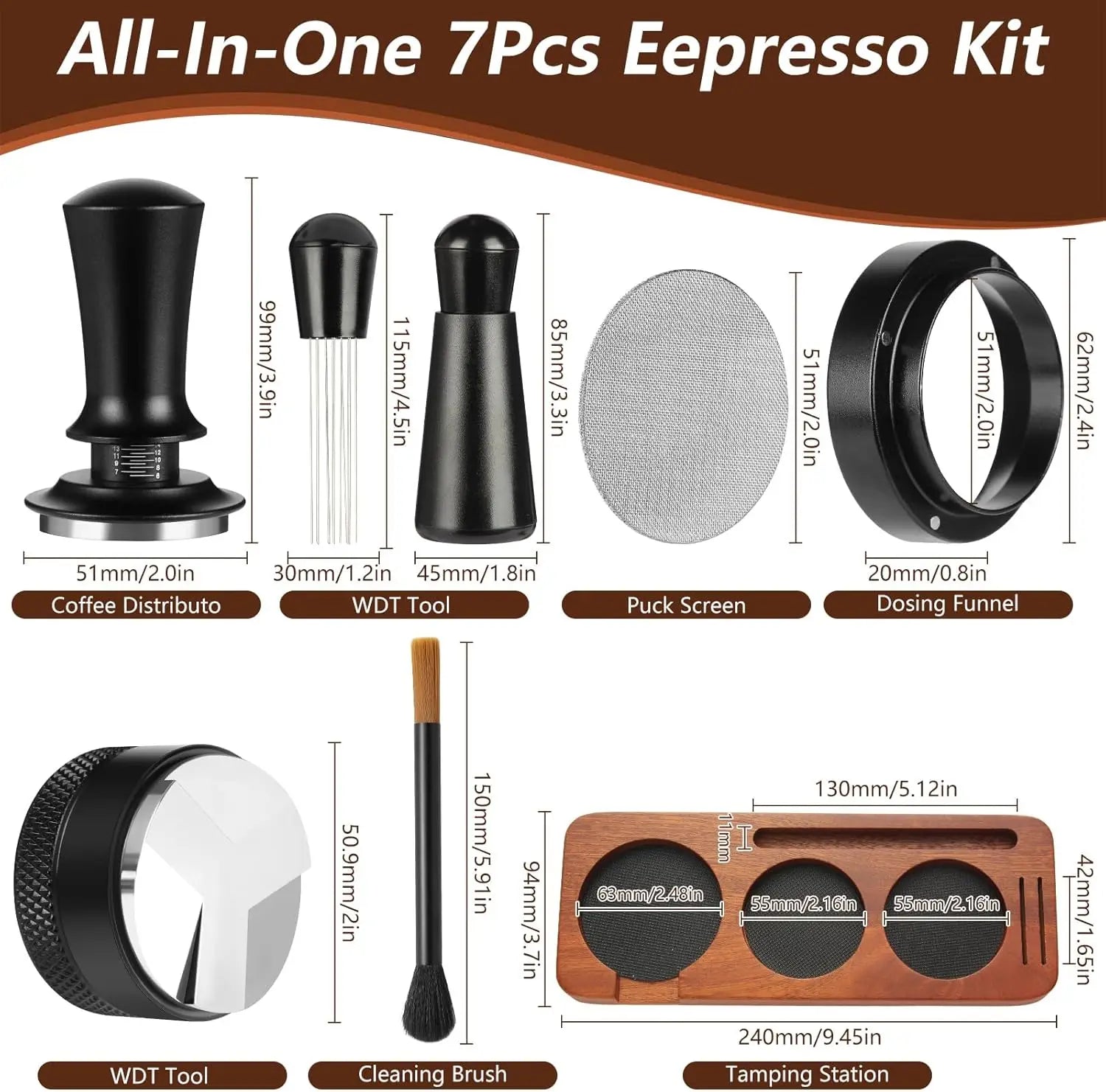 7-Piece Espresso Accessories Kit with 51mm Tamper, WDT Tool, Tamping Station, Dosing Funnel, Brush, Puck Screen