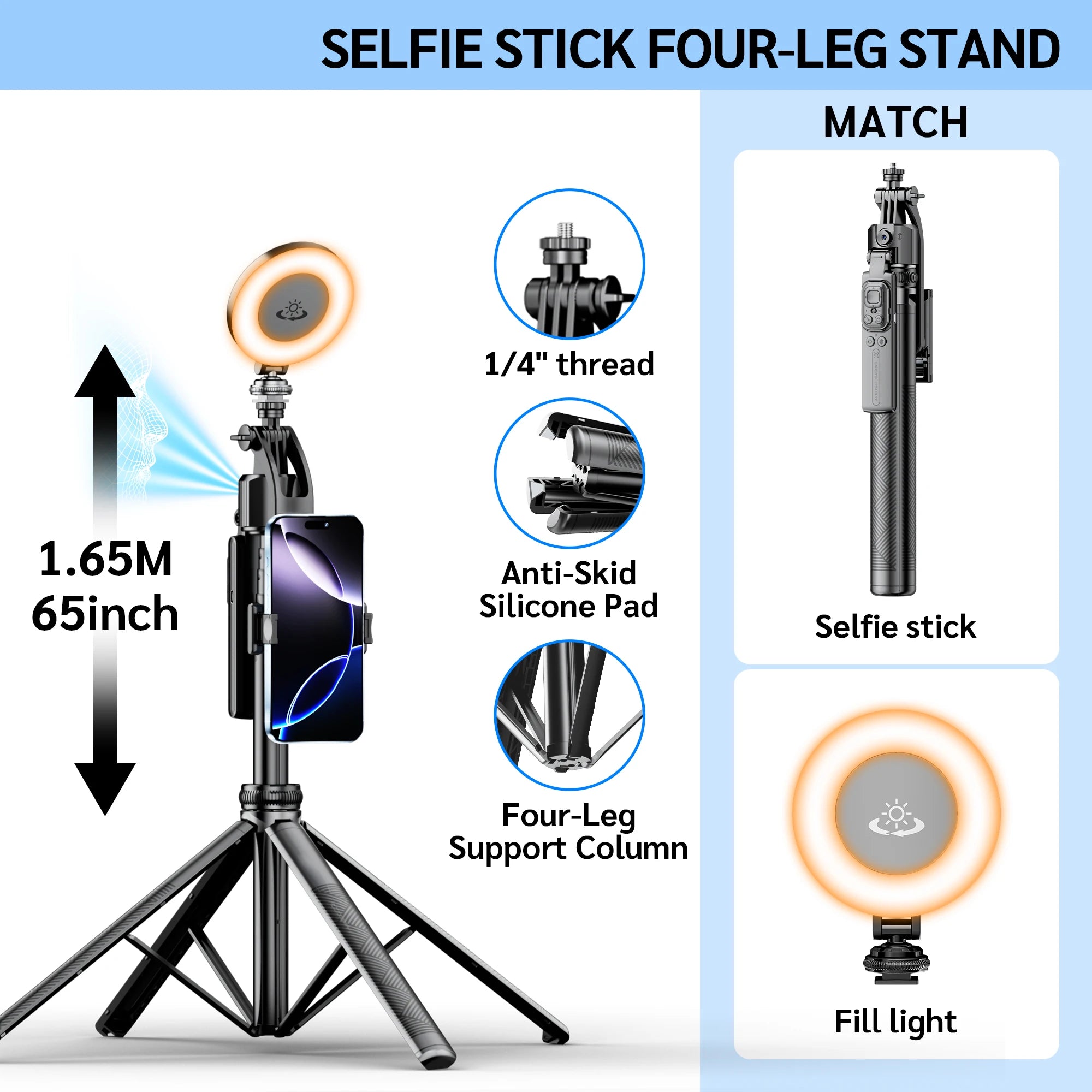 Tripod 360°Auto-Rotation AI Tracking Remote Control Bluetooth Shooting Quadrapod Selfie Stick Stabilizer Optional Fill Light