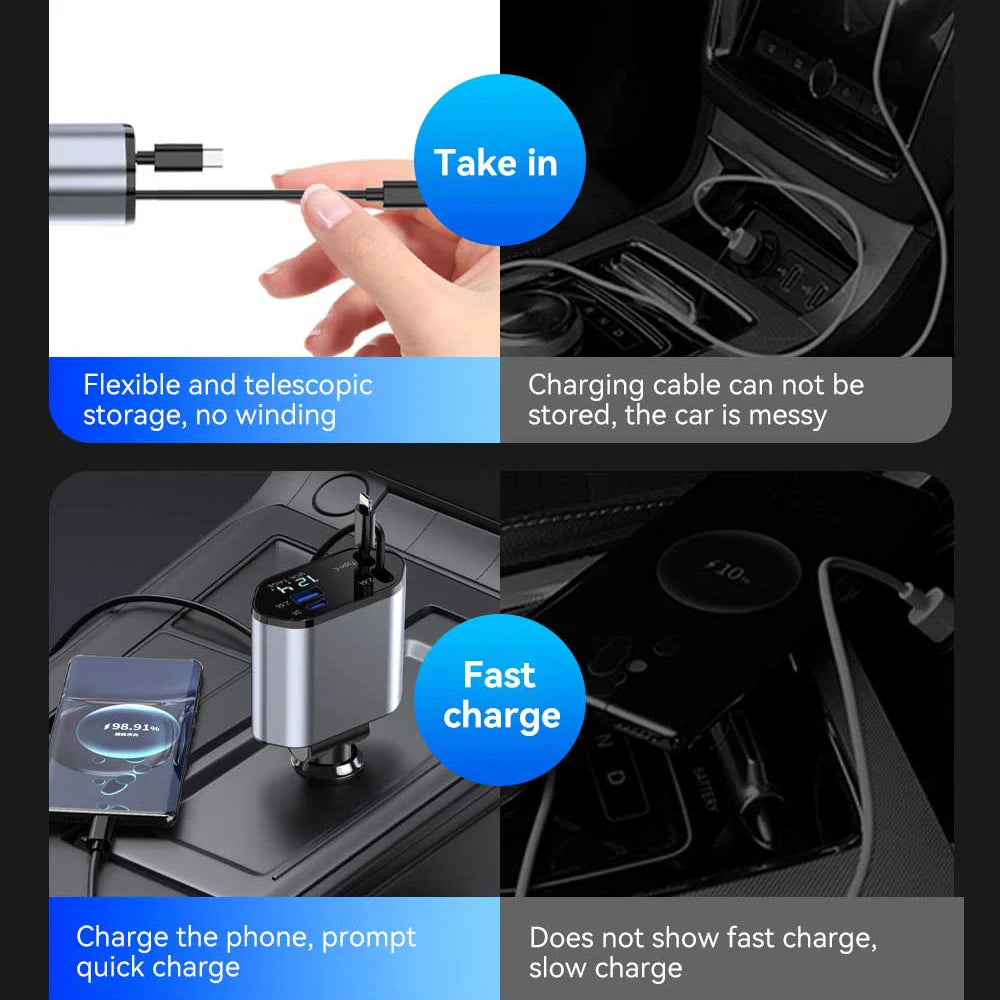 4 in 1 Car Fast Charger Retractable  Cable For IOS / Android
