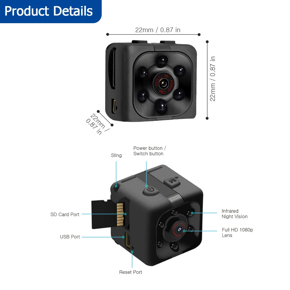 Mini Camera 1080P, Full HD with Night Vision, Motion Activation for Indoor / Outdoor