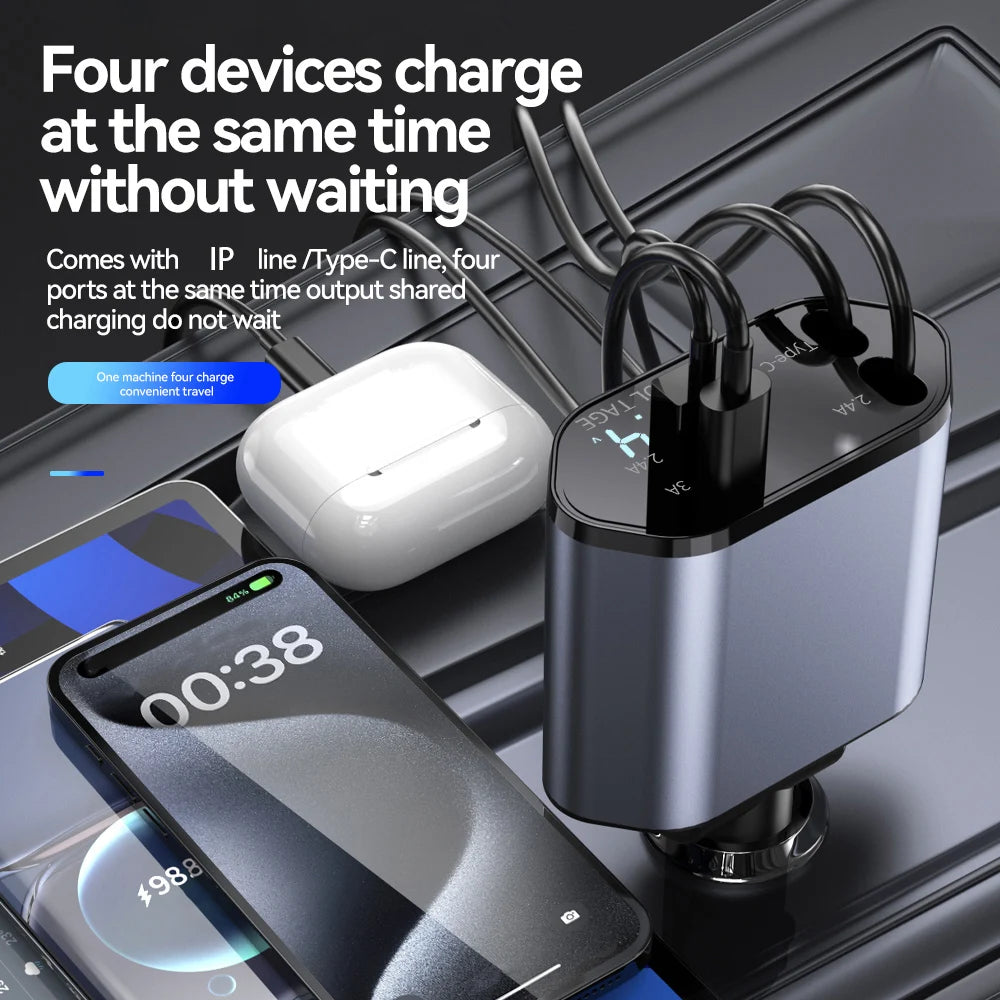 4 in 1 Car Fast Charger Retractable  Cable For IOS / Android