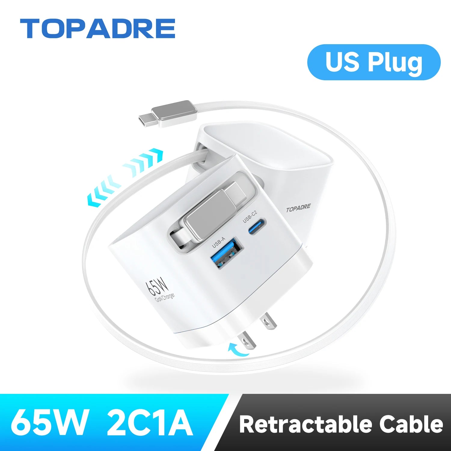 Quick Charging Block with Retractable Cable,  for IOS / Android, foldable plug