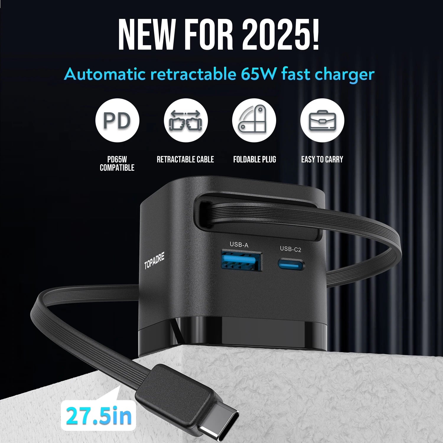 Quick Charging Block with Retractable Cable,  for IOS / Android, foldable plug