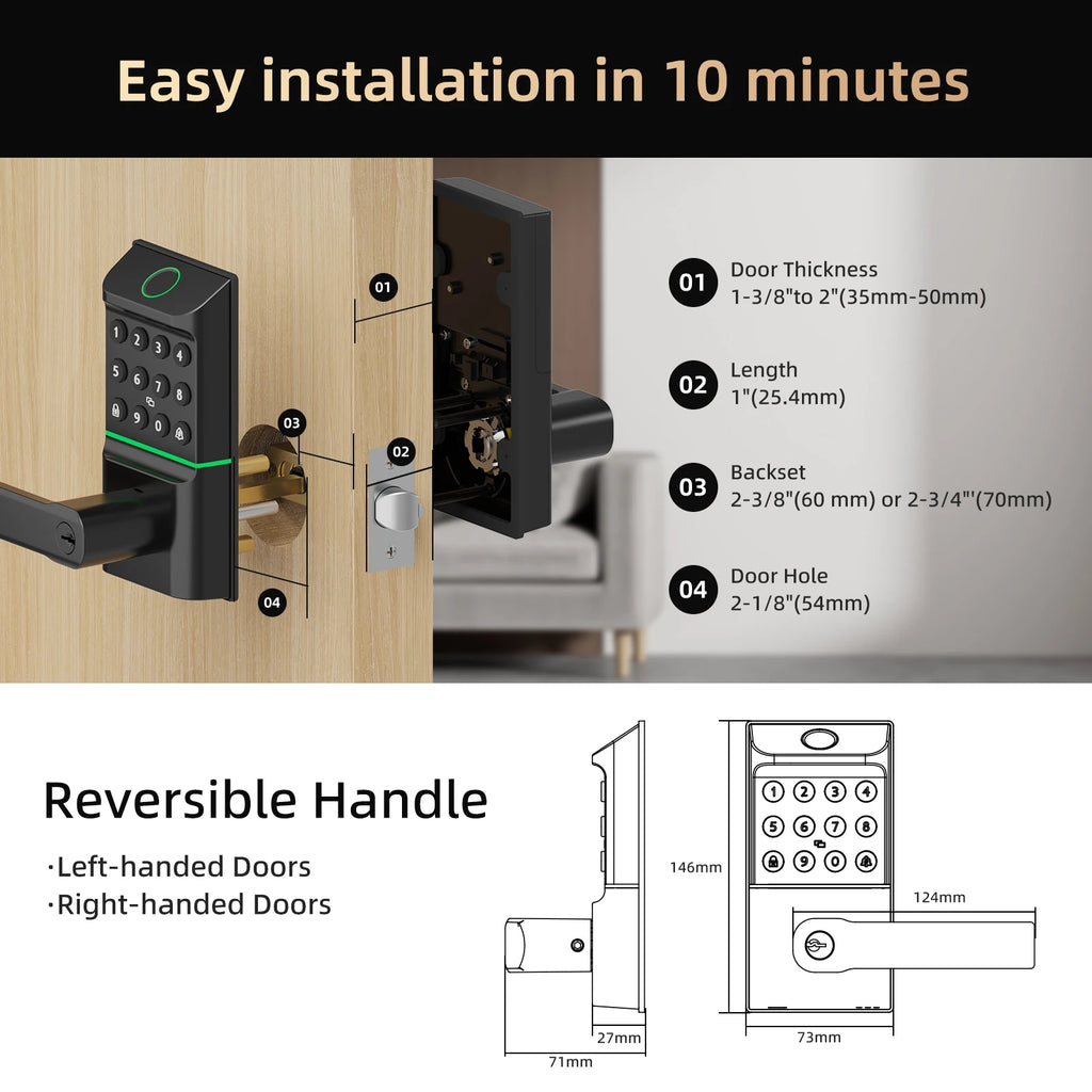 Smart Door Lock with Fingerprint,  App Control, Passcode Unlock, Touchscreen Keypad with handle