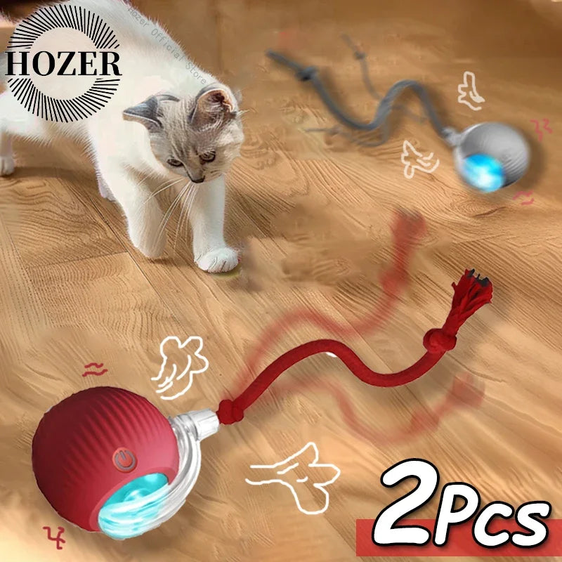 2Pcs Cat Interactive Ball Toy Automatic Rolling Ball Faux Tail Rechargeable Smart