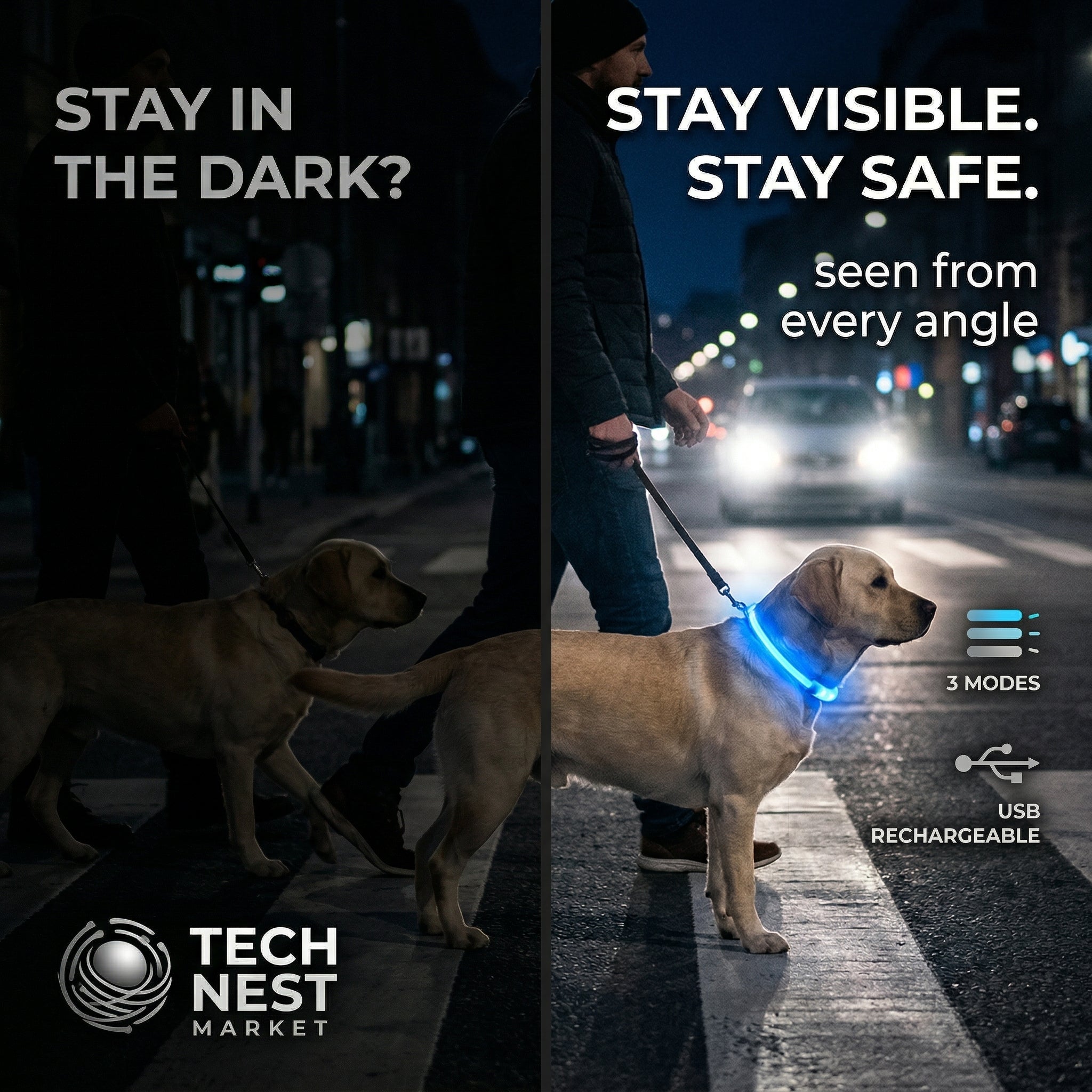 Safe Reflective LED Pet Collar, Glowing for Night Walkig.