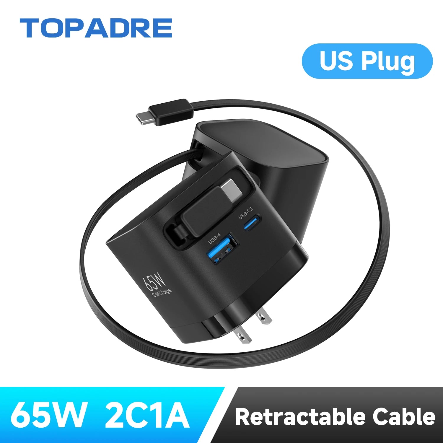 Quick Charging Block with Retractable Cable,  for IOS / Android, foldable plug