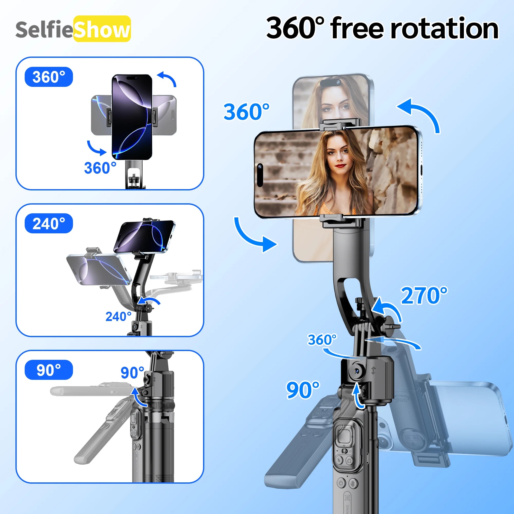 Tripod 360°Auto-Rotation AI Tracking Remote Control Bluetooth Shooting Quadrapod Selfie Stick Stabilizer Optional Fill Light