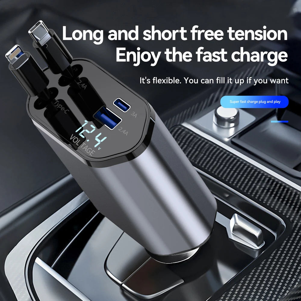 4 in 1 Car Fast Charger Retractable  Cable For IOS / Android