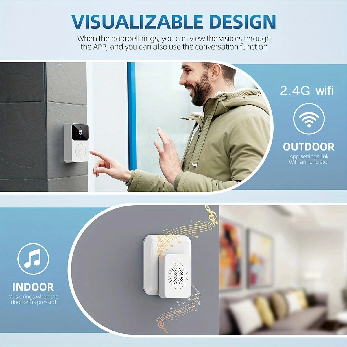 Smart Video Doorbell Camera, Night Vision, Voice Change, 2-Way Audio.
