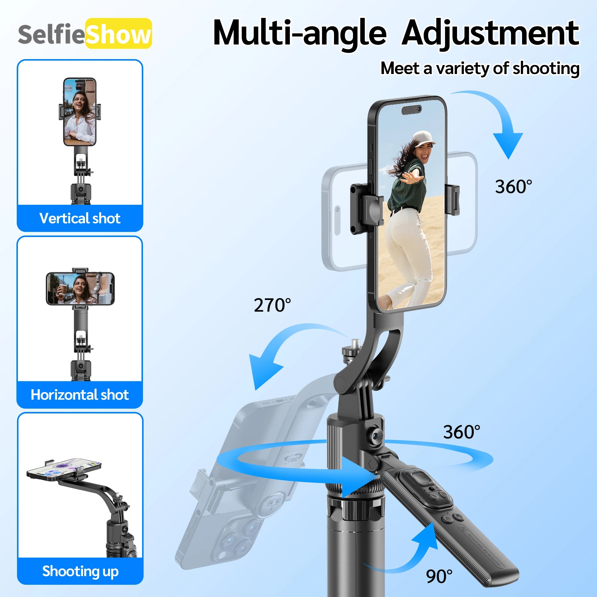 Tripod 360°Auto-Rotation AI Tracking Remote Control Bluetooth Shooting Quadrapod Selfie Stick Stabilizer Optional Fill Light