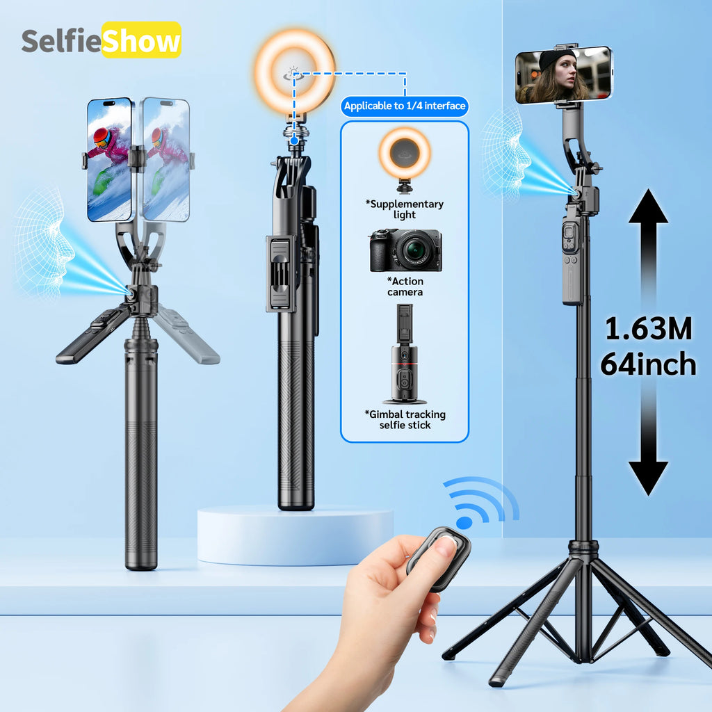 Tripod 360°Auto-Rotation AI Tracking Remote Control Bluetooth Shooting Quadrapod Selfie Stick Stabilizer Optional Fill Light