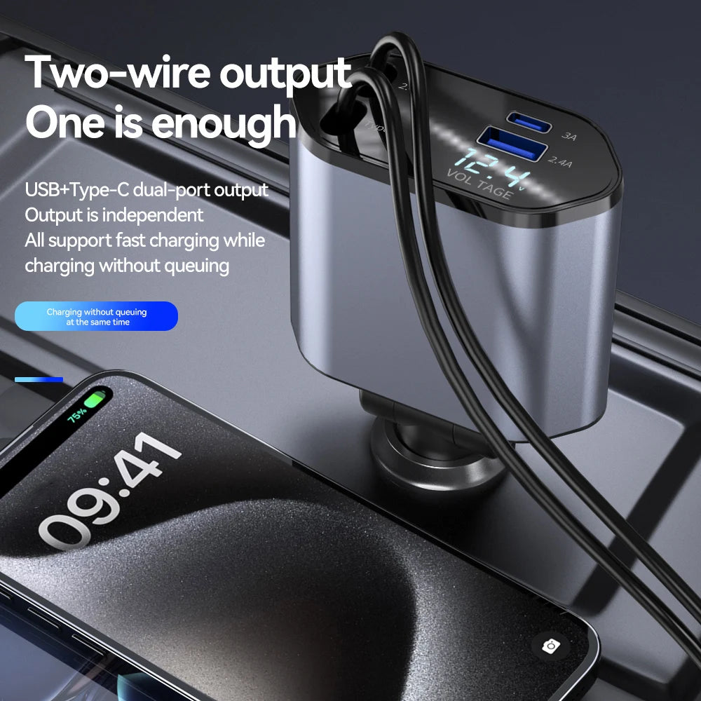 4 in 1 Car Fast Charger Retractable  Cable For IOS / Android