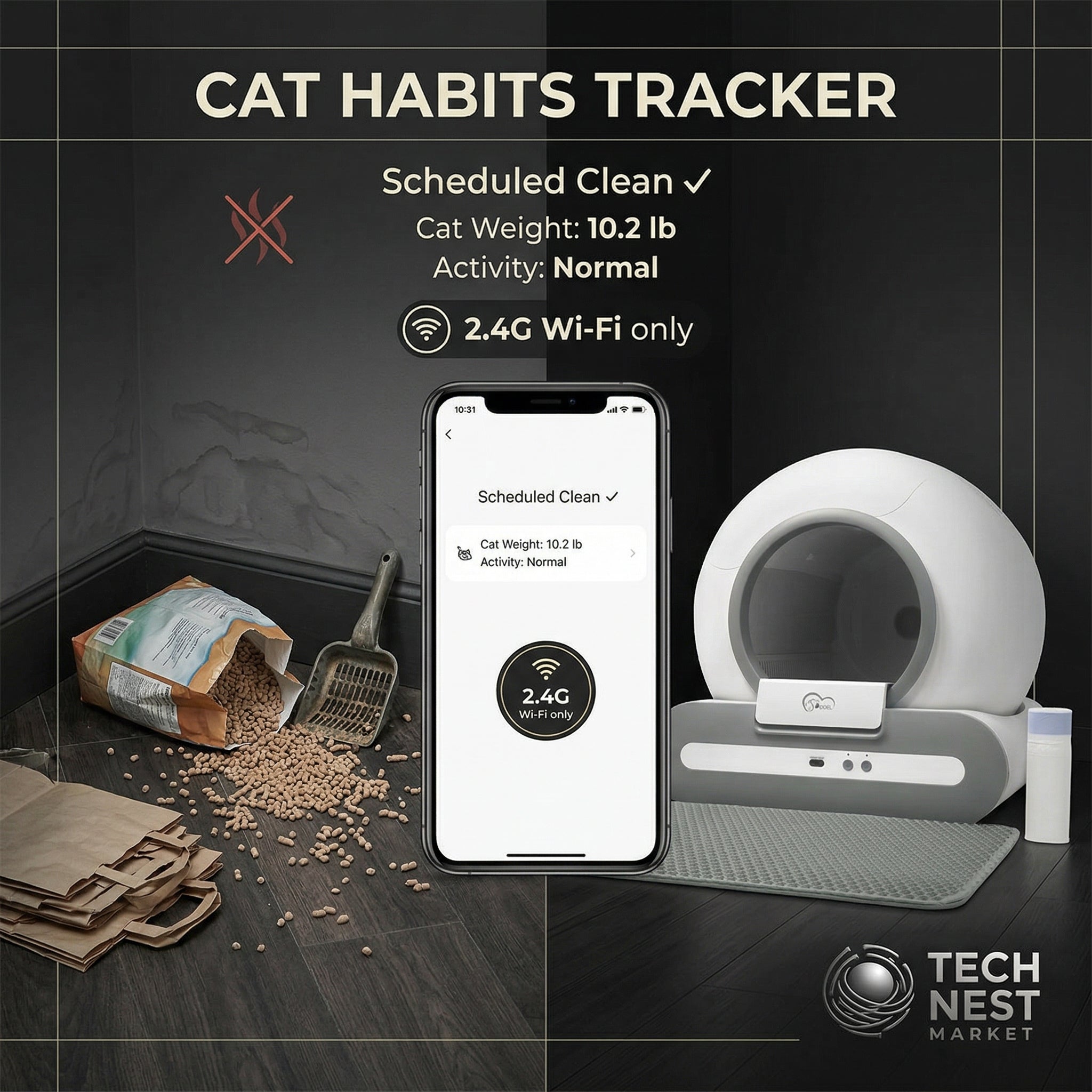 65L Self-Cleaning Cat Litter Box App Control, ONLY Supports 2.4G WiFi w/Litter Mat&Trash Bags, Fit for Tofu & Mixed Litter