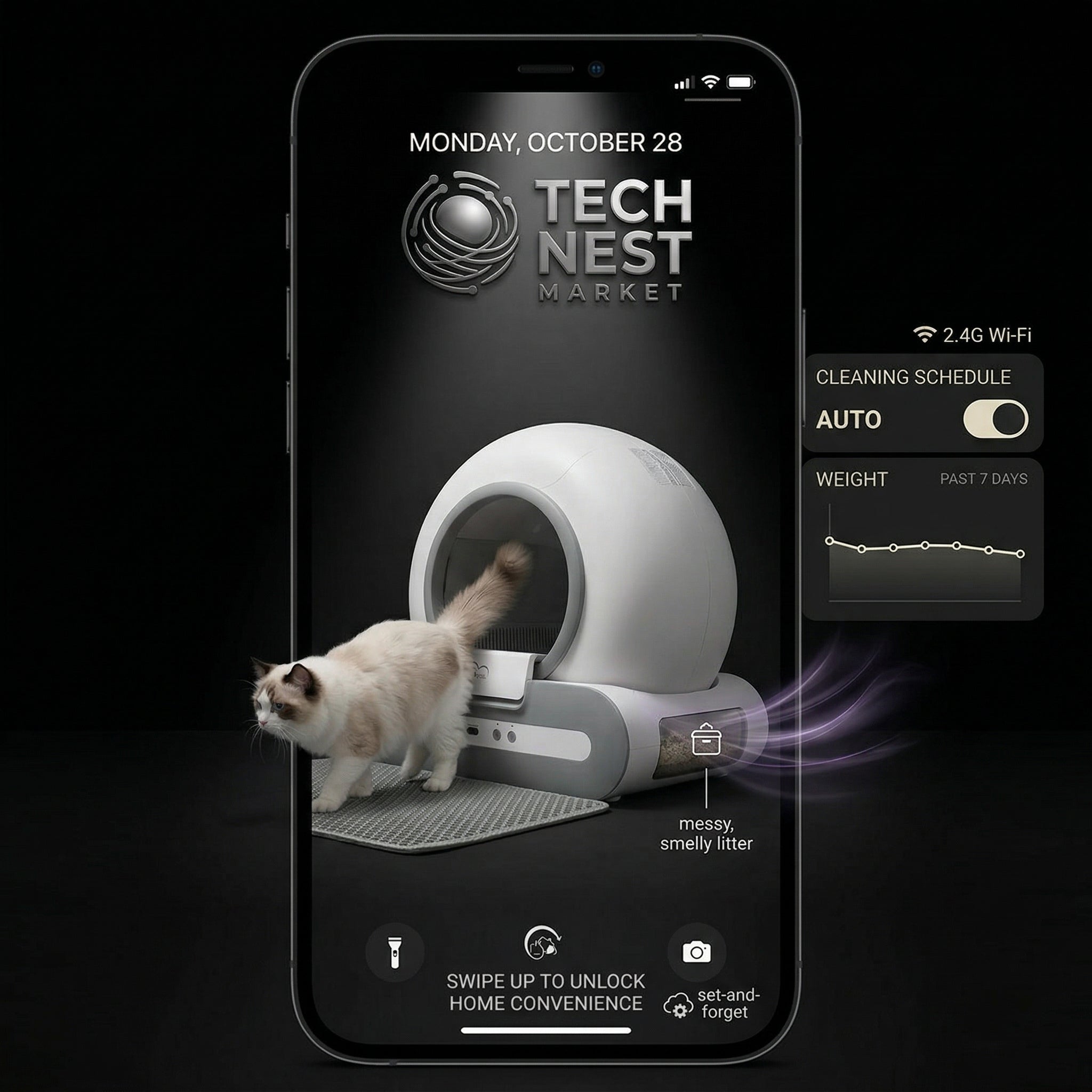 65L Self-Cleaning Cat Litter Box App Control, ONLY Supports 2.4G WiFi w/Litter Mat&Trash Bags, Fit for Tofu & Mixed Litter