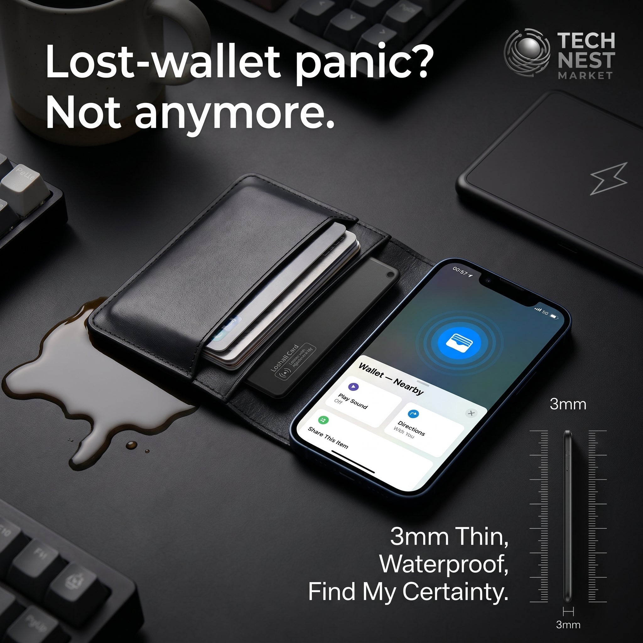 Wallet Smart Tracker Card, works with Apple Find My App.