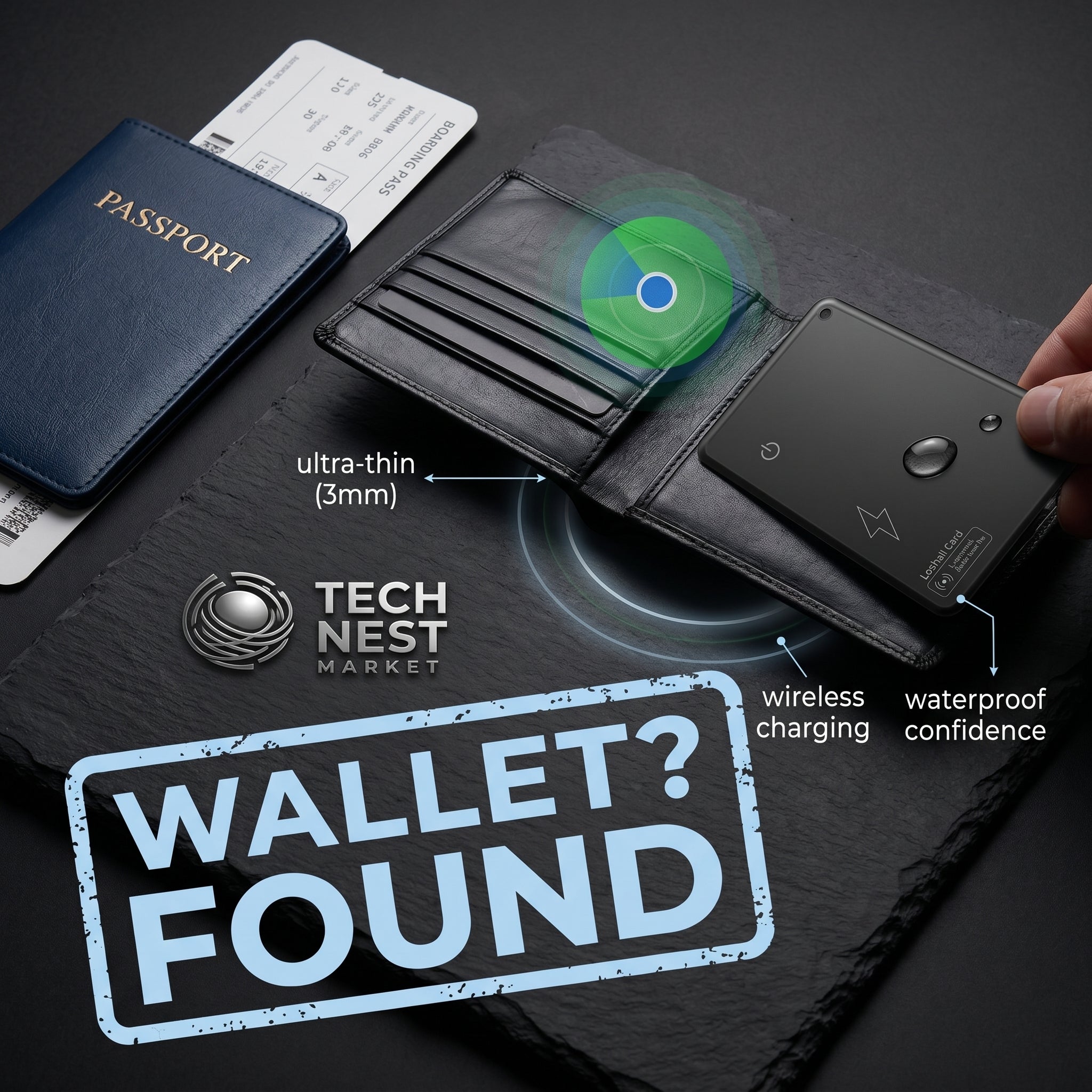 Wallet Smart Tracker Card, works with Apple Find My App.